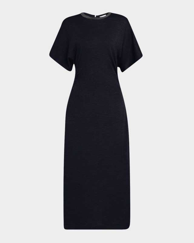 Monili-Neck Short-Sleeve Gathered Wool Jersey Midi T-Shirt Dress